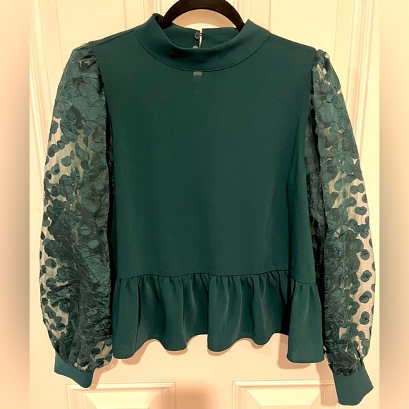 Zara Tops - Zara Forest Green Elegant Long Puff Sleeve Sheer Ruffle Blouse Size Medium
